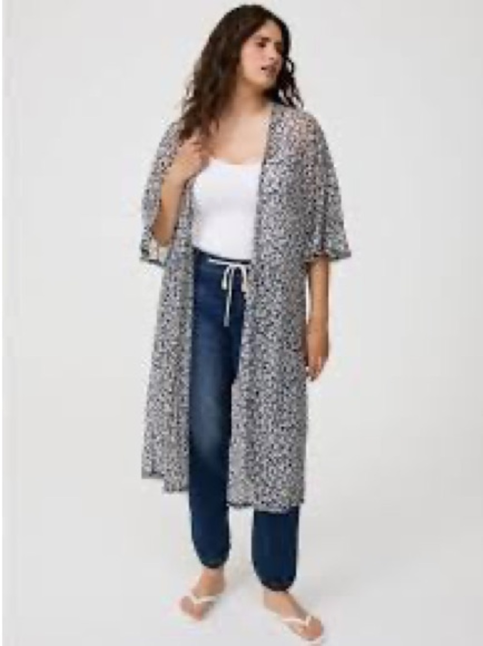 Torrid Long Floral Open Kimono Duster in Navy and Cream Sz 0
